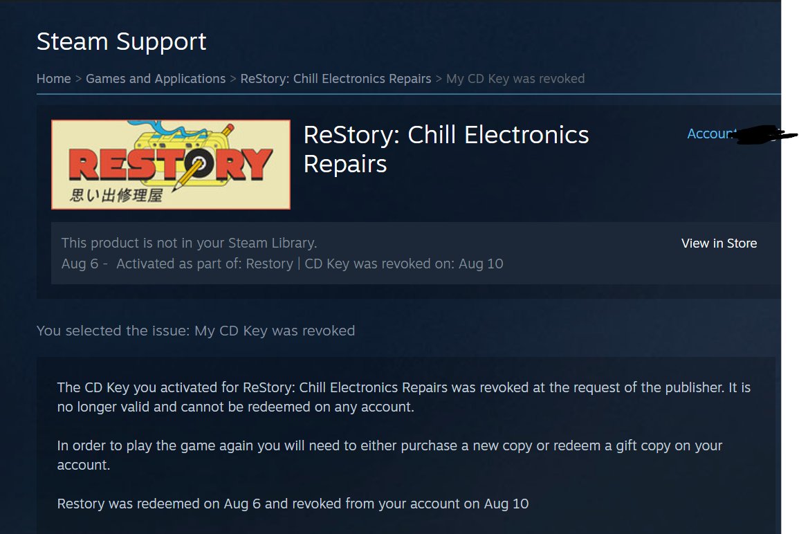 DanyanSenpai's tweet photo. Hey @MandragoraTeam, Steam just revoked my Restory CD Key I bought from @GreenManGaming as requested by @tinyBuild according to support. I tried buying it again on GMG and the new code is already invalid. Can we get to the bottom of this as I was really enjoying the game. https://t.co/rdFWWAfrdv