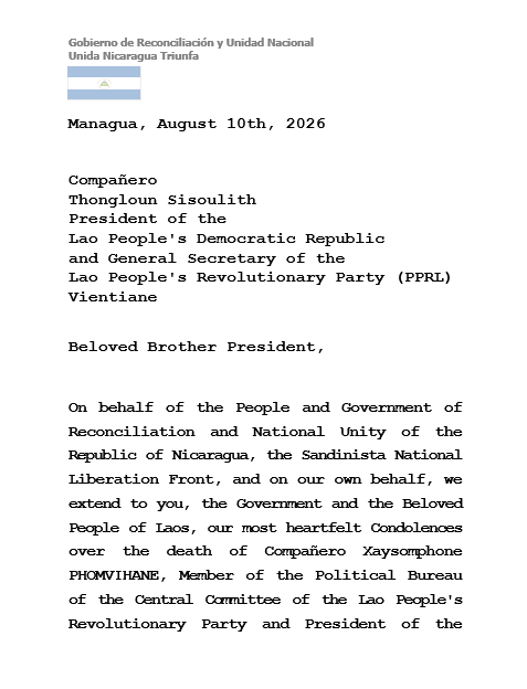 el19digital's tweet photo. 🔴#Message of Condolences and Solidarity from Co-President Commander Daniel and Co-President Comrade Rosario to Comrade Thongloun Sisoulith, President of the Lao People's Democratic Republic and General Secretary of the #Lao People's Revolutionary Party (LPRP) https://t.co/AlBy6Z1T7o