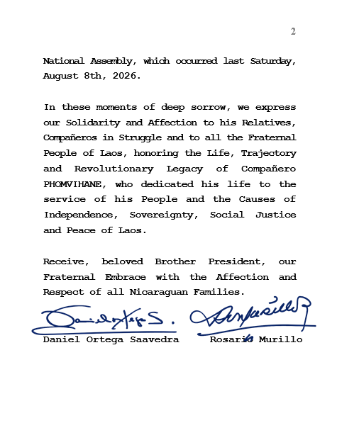 el19digital's tweet photo. 🔴#Message of Condolences and Solidarity from Co-President Commander Daniel and Co-President Comrade Rosario to Comrade Thongloun Sisoulith, President of the Lao People's Democratic Republic and General Secretary of the #Lao People's Revolutionary Party (LPRP) https://t.co/AlBy6Z1T7o