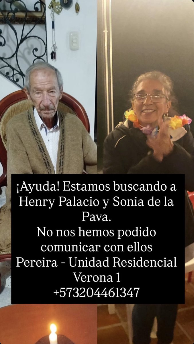 Futbolfpc's tweet photo. 🚨 En PEREIRA. POR FAVOR DIFUNDIR. 

Dos personas de la tercera edad son buscadas, no han tenido comunicación con ellos. Estaban en la Unidad Residencial Verona I, carrera. 17 #19-200 https://t.co/0vFvkZSdm8