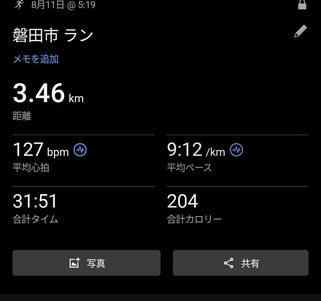 onienari's tweet photo. 朝5時台の早朝ラン🏃‍♂️💨
25℃で涼しいうちに、磐田市内を3.46kmサクッと走ってきました！
​平均心拍数127bpmでしっかり低強度のリカバリーラン。朝から体を動かすと1日が気持ちよくスタートできますね✨
​#ランニング #朝活 #朝ラン #ハシリマスタグラム #磐田市 https://t.co/uSSPjKdhkk