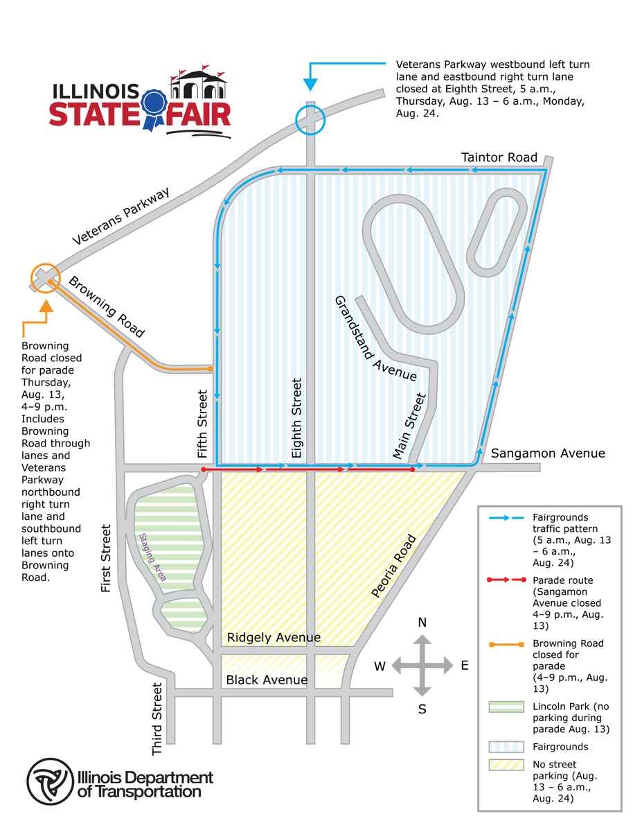 IDOT_Illinois's tweet photo. We're just a few days away from the @ILStateFair! Starting at 5 a.m. Aug. 13, fairground traffic will flow one way counterclockwise. Eastbound and westbound turn lanes from Veterans Pkwy to Eighth St will close. Normal traffic resumes 6 a.m. Aug. 24. https://t.co/NhmZGDSRJj https://t.co/Qwcd0vS0VP