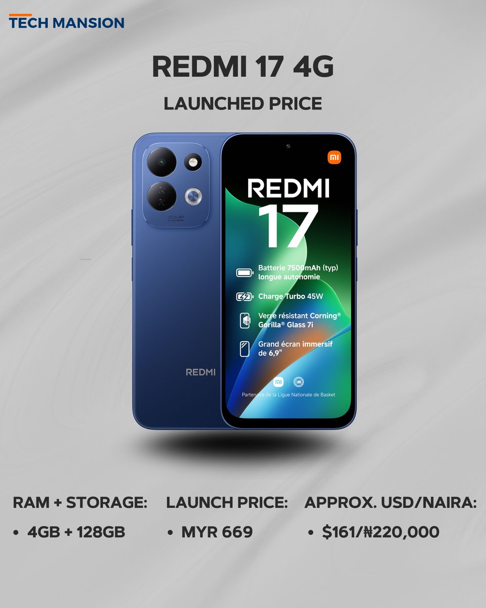 TechMansion's tweet photo. Redmi 17 4G: Official launch price revealed, with the new budget smartphone arriving at an attractive price point.
#redmi17 #redmi #xiaomi #4g #technews https://t.co/wUNgnx3F30