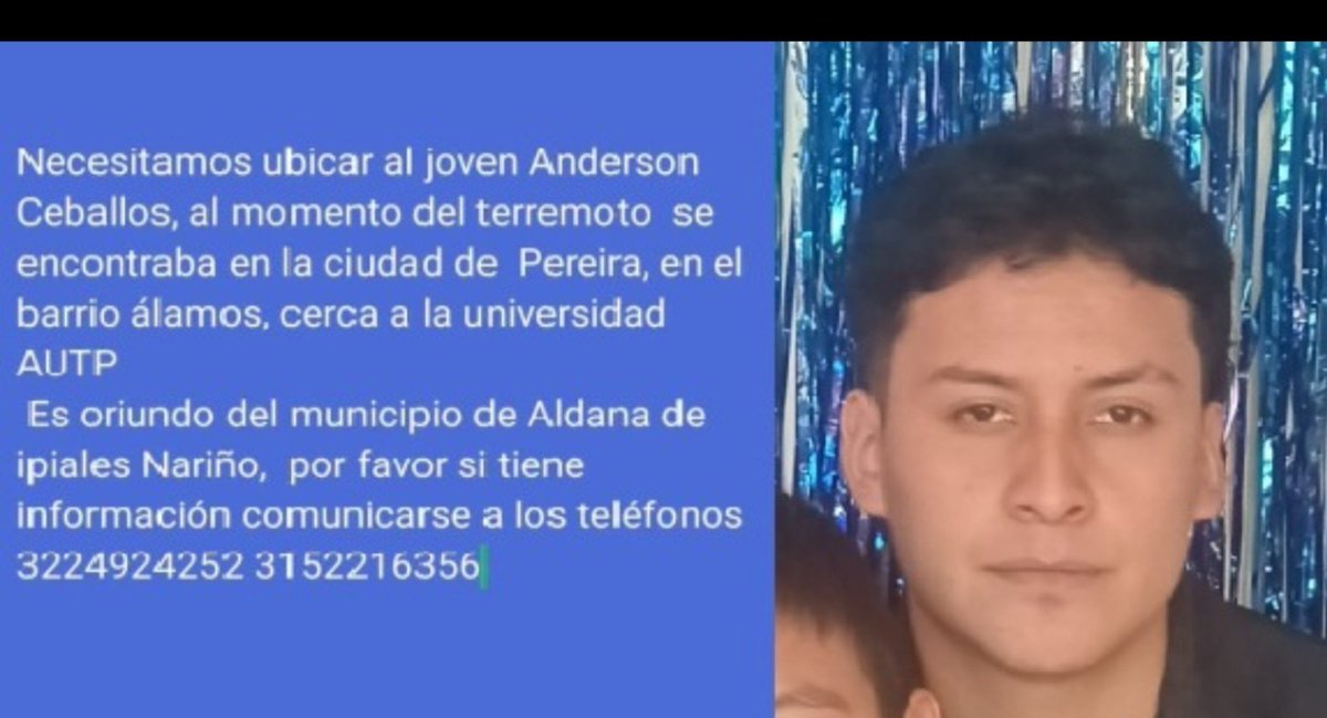 PS1COPOLITICO's tweet photo. 2. Desaparecidos en Pereira por el #temblor.

Compartir información de todo el hilo. https://t.co/JLJINfltXP