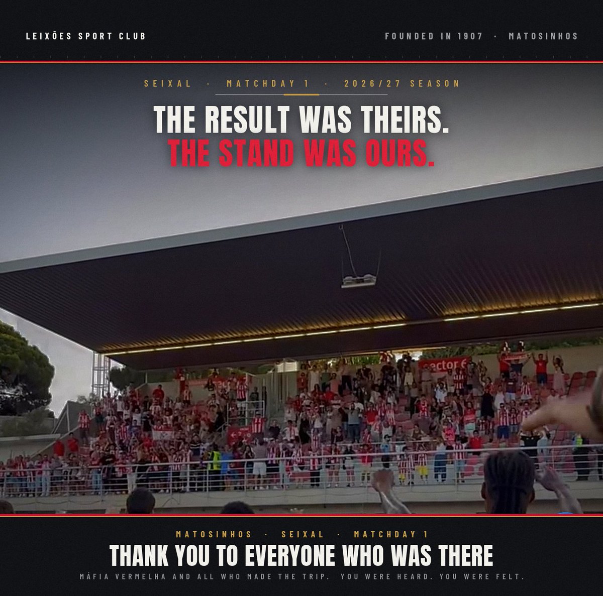 leixoesxxi's tweet photo. We lost the match. The stand lost nothing.

To Máfia Vermelha and everyone who travelled to Seixal: thank you. You were heard. You were felt.

Come on, Leixões!

#LeixoesXXI #Leixoes #LeixoesSC #MafiaVermelha https://t.co/xgRJJJSsv9