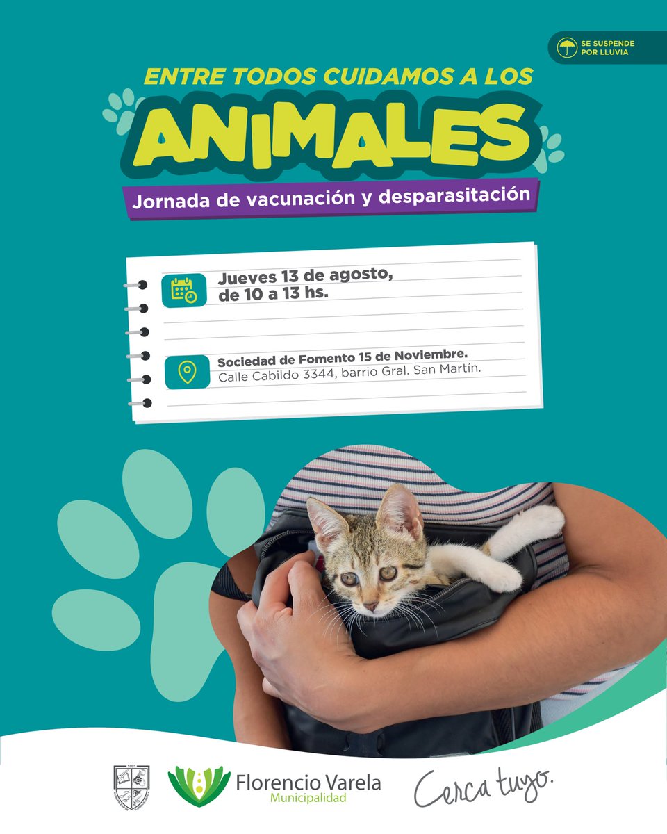 PrensaVarela's tweet photo. NUEVA JORNADA DE ATENCIÓN PARA NUESTROS ANIMALES 🐶🐱

La jornada itinerante de atención y cuidado de perros y gatos llega a Gral. San Martín 🐈‍⬛ .

Te invitamos este jueves 13 a acercarte a la📍Sociedad de Fomento 15 de Noviembre de ⏰ 10:00 a 13:00 para vacunar y desparasitar a tu animal de compañía de manera totalmente gratuita 🐾.

Más info en 🔗 https://t.co/9Pb5tIU96a
