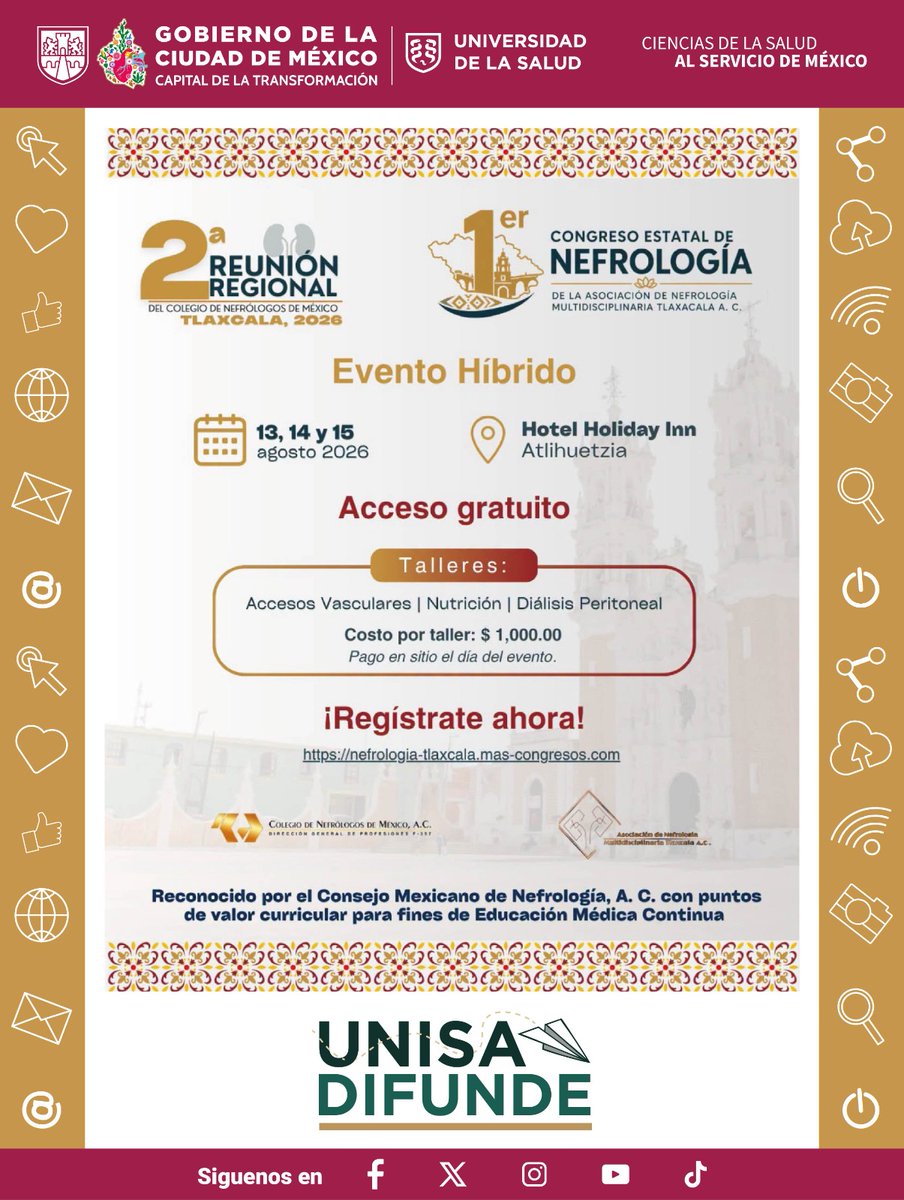 UNISACDMX's tweet photo. #UNISADifunde

🩺📚 ¡Atención, comunidad UNISA!

📍 Hotel Holiday Inn Atlhue­t­zia, Tlaxcala
💻 Evento híbrido
🎟️ Acceso gratuito (talleres con costo)

📖 Consulta el programa académico completo:
https://t.co/xB4MoNsHrn

🔗 Más información y registro:
https://t.co/32CzN3lpyQ https://t.co/Ow5OHL2Srf