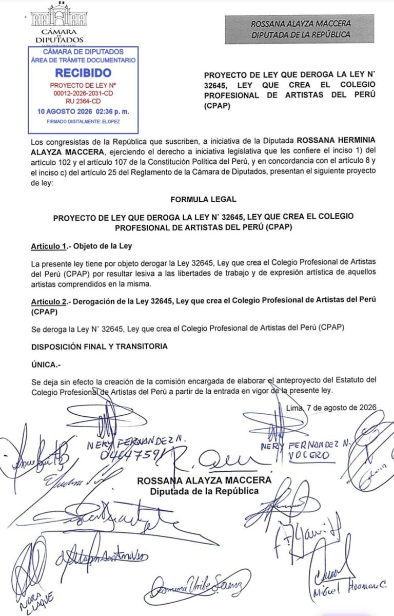 Epicentro_TV's tweet photo. 🚨 Diputada del Buen Gobierno Rossana Alayza, presenta iniciativa legislativa para derogar la ley que crea el Colegio Profesional de Artistas del Perú en la que en una de sus disposiciones buscaba apartar a Delia Espinoza del Colegio de Abogados de Lima. https://t.co/FIJFDUyr6l