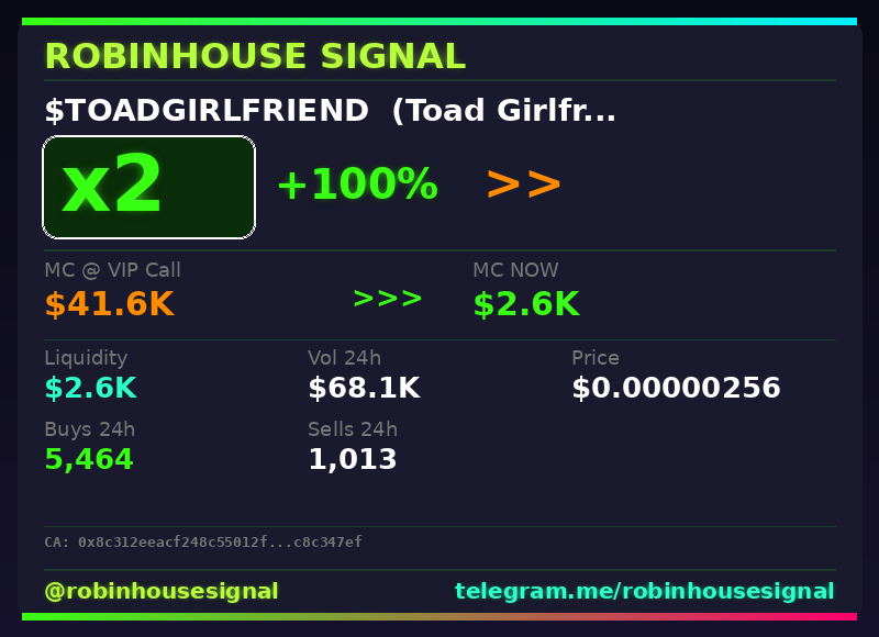 robhousesignal's tweet photo. 2x on $TOADGIRLFRIEND (Toad Girlfriend) π₯
π MC: $2.6K | Liq: $2.6K
π΅ Vol 24h: $68.1K
π Buys/Sells: 5,464 / 1,013
π CA:
0x8c312eeacf248c55012f17357014fb1bc8c347ef
π€ Full scan + chart β link in bio
#ToadGirlfriend #robinhousesignal #cryptogems #memecoin #web3 https://t.co/kQSx48GKRe