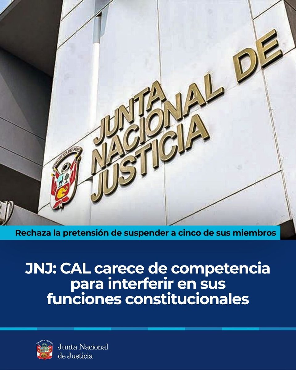 JNJPeru's tweet photo. 🚨 La Junta Nacional de Justicia considera que el Colegio de Abogados de Lima carece de competencia para pretender suspender a sus integrantes y remarcó que dichos miembros renunciaron al no compartir el carácter político y no gremial de esta entidad.

🔗 https://t.co/DAjpKCzzQU https://t.co/lbk1OW9Qs2