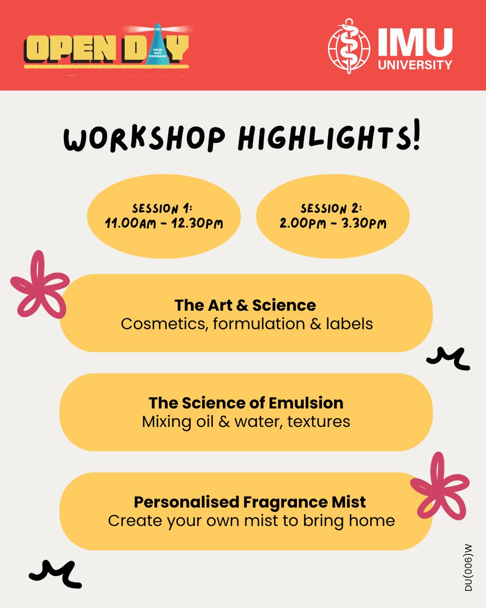 IMUMalaysia's tweet photo. OPEN DAY 2026 – Discover Cosmetic Science Workshop! 🧴✨ Formulate skincare, blend fragrances, and decode beauty labels. Join us 16 Aug at IMU University! 🎟️ Limited spots!
🔗 https://t.co/hBU8XQg6R1
#IMUUniversity #CosmeticScience #DIYFragrance #BeautyScience #OpenDay https://t.co/fCcC7Z4SiD