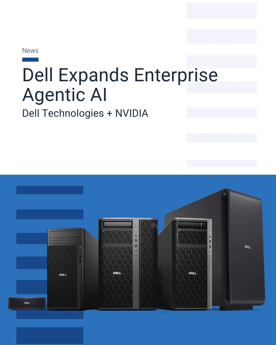 News: Dell Expands Enterprise Agentic AI. Dell Technologies + NVIDIA. A lineup of black Dell computer hardware: a small device, two mid-sized towers, and a large server unit, set against a blue and white background.