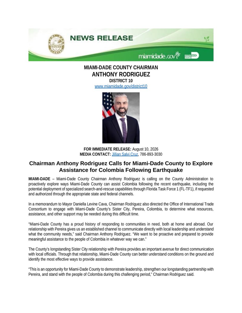 CommishArod's tweet photo. Miami-Dade stands with the people of Colombia as we explore ways to provide meaningful assistance following the earthquake. https://t.co/Sa0HMsjEzW