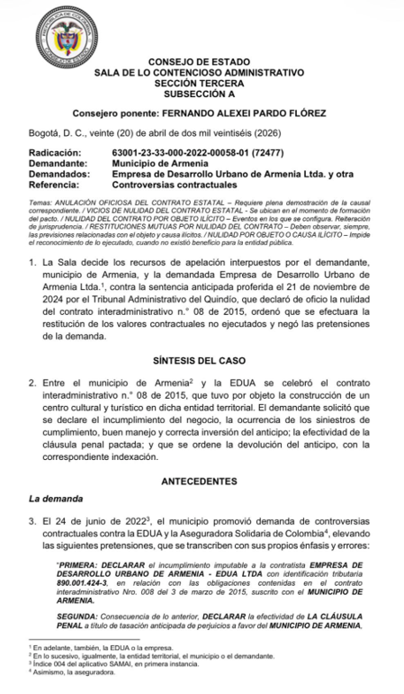 MartinSantos01's tweet photo. RADAR | Consejo de Estado pone la lupa sobre los contratos interadministrativos usados para eludir la licitación pública.

El 20 de abril de 2026, la Sección Tercera del Consejo de Estado profirió una importante sentencia sobre el uso de los contratos interadministrativos. La decisión corresponde al expediente 63-001-23-33-000-2022-00058-01 (72.477).

El fallo aclara que un contrato interadministrativo no es ilegal por el simple hecho de que la entidad contratada subcontrate algunas actividades. El problema surge cuando recibe directamente un contrato para realizar tareas ajenas a su objeto y luego entrega la ejecución a particulares.

En esos casos, la contratación directa pierde su justificación y puede convertirse en una forma de intermediación para evitar el proceso competitivo que correspondía adelantar.

Para demostrar esa irregularidad no basta con señalar que hubo subcontratación. También debe probarse que las obligaciones no tenían relación directa con el objeto de la entidad, que esta carecía de capacidad para ejecutarlas, que trasladó la mayor parte del trabajo a terceros y que, con ello, se eludió la selección objetiva.

Si estas circunstancias se acreditan plenamente, el contrato podría ser declarado nulo por objeto ilícito.

La sentencia resulta especialmente relevante para revisar algunos contratos celebrados en Cúcuta, en los que una entidad pública habría recibido y administrado recursos, cobrado un porcentaje por su gestión y entregado la ejecución real a contratistas privados.

El fallo no condena automáticamente a los contratistas de Cúcuta. Sin embargo, ofrece una ruta seria para investigar si determinados contratos interadministrativos fueron utilizados como pantalla para evitar la selección objetiva, pagar intermediarios y financiar obras que finalmente no respondieron al interés público.