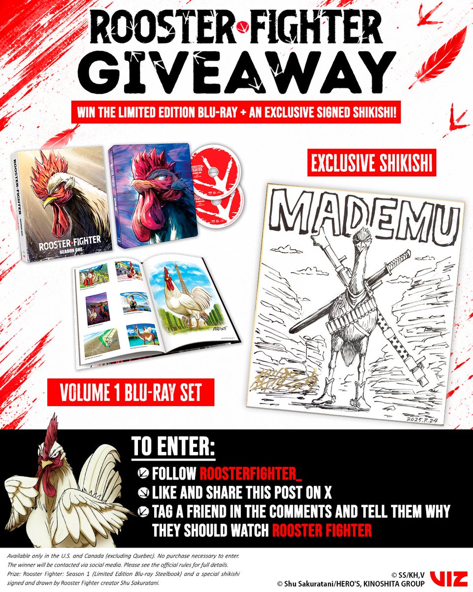 RoosterFighter_'s tweet photo. 🎁 FREE GIVEAWAY TIME 🚨

Want to win an exclusive signed shikishi by Rooster Fighter creator @shu_sakuratani, PLUS a copy of the Limited Edition Season 1 Blu-ray? Follow @roosterfighter_, like and reshare this post, and tag a friend in the comments telling them why they should watch Rooster Fighter! 🐓

Giveaway lasts 8/11-8/18 only. More details here: https://t.co/kT0Apna4Ur