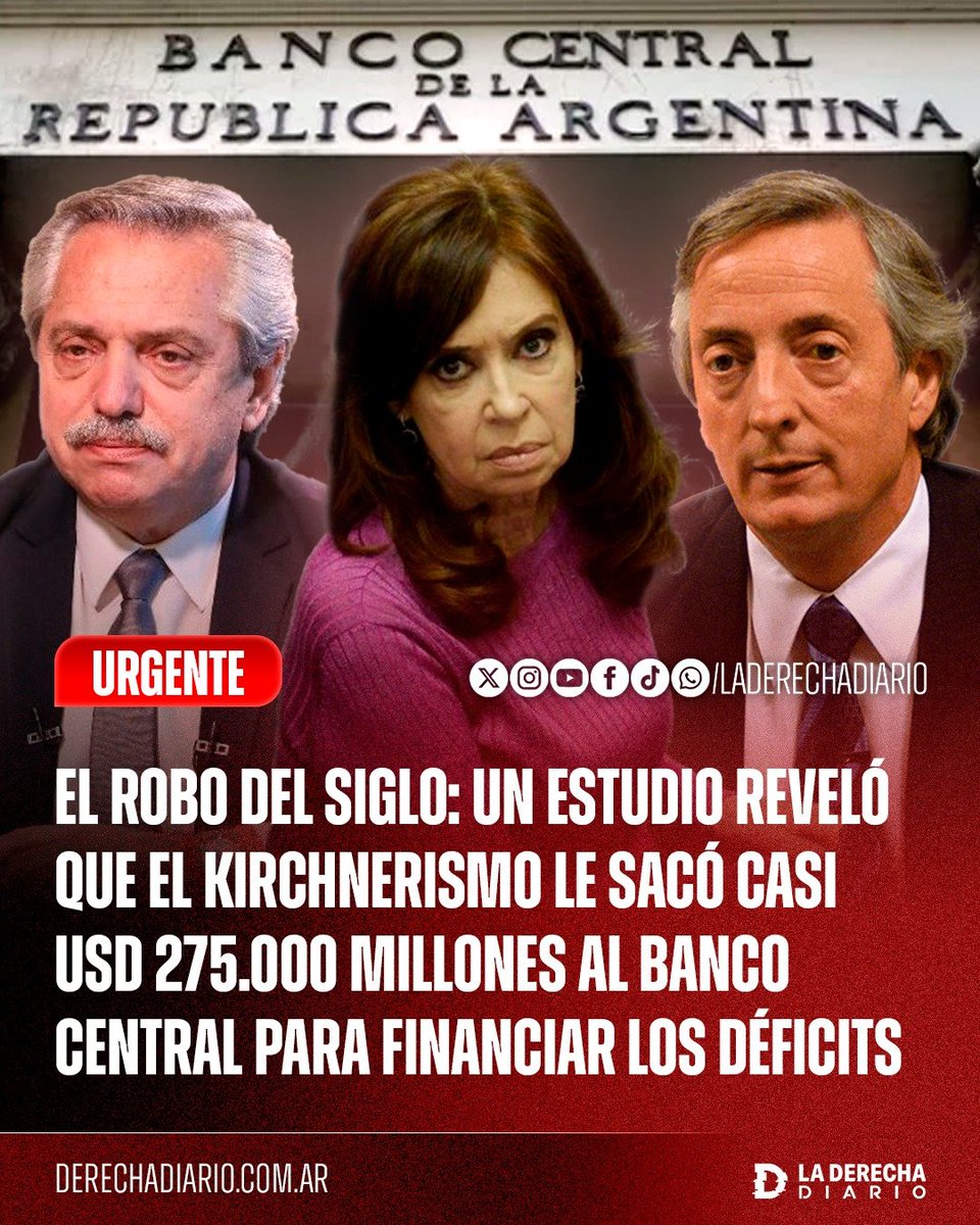 laderechadiario's tweet photo. 🚨🇦🇷 | EL ROBO DEL SIGLO: Desde 2003, los gobiernos de Néstor Kirchner, Cristina Kirchner y Alberto Fernández le sacaron casi US$275.000 millones al Banco Central para financiar al Tesoro y cubrir déficits, concentrando alrededor del 91% de todo el financiamiento acumulado desde ese año, según un relevamiento de Eco Go basado en datos del propio BCRA.

La administración que más recursos tomó fue la de Alberto Fernández, con US$118.700 millones, seguida por el segundo mandato de Cristina Kirchner, con US$104.900 millones. A eso se suman otros US$35.800 millones durante su primer mandato y US$15.300 millones bajo Néstor Kirchner, mediante adelantos transitorios, transferencias de utilidades, letras intransferibles y operaciones con títulos públicos.

El contraste con Javier Milei es total: su Gobierno es el único del período analizado con saldo negativo frente al Banco Central, por US$1.300 millones, lo que implica que el Tesoro devolvió financiamiento en términos netos. Mientras el kirchnerismo utilizó al BCRA durante años como una fuente permanente de recursos para sostener el gasto, Milei busca eliminar definitivamente esa vía mediante la reforma de su Carta Orgánica.