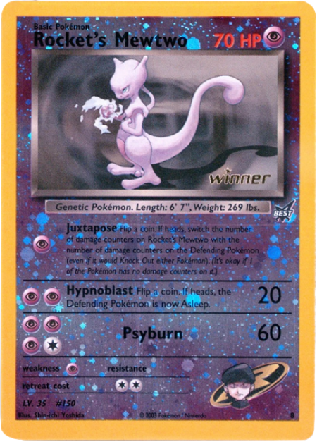 dachshundwizard's tweet photo. Some of the RAREST Team Rocket cards didn’t even come from Team Rocket sets.

A few you've never seen (And PSA 10 pop):

Here Comes Team Rocket! 085/084 - Pop 9
Rocket’s Raikou ex 026/PCG-P - Pop 31
Reverse Holo “Winner” Mewtwo - Pop 46
Here Comes Team Rocket! 278/XY-P - Pop 227 https://t.co/nlBfUWFill