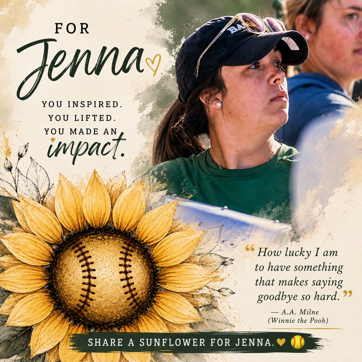 BatesSBall's tweet photo. The game lost an ambassador. The world lost a kind soul. And we lost an incredible friend. 🌻
How lucky we were to know her, love her, and be loved by her.
For Jenna. 💛 https://t.co/YbdjCKQGNm