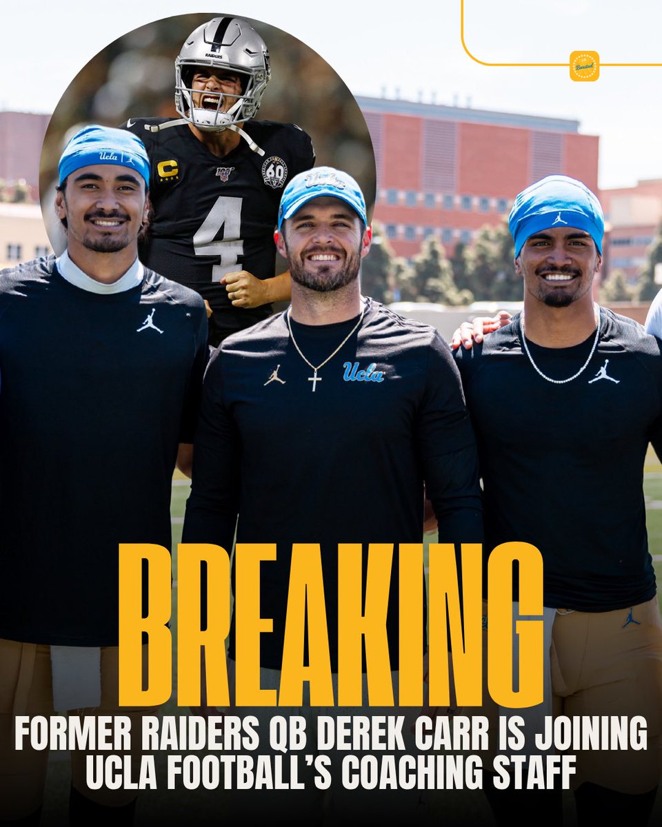 StoolWestwood's tweet photo. Former Raiders and Fresno State Quarterback Derek Carr is joining UCLA Football and Bob Chesney's staff as a Special Advisor

Carr wants to get into coaching with Westwood as his first stint https://t.co/RKsVWOgIj3