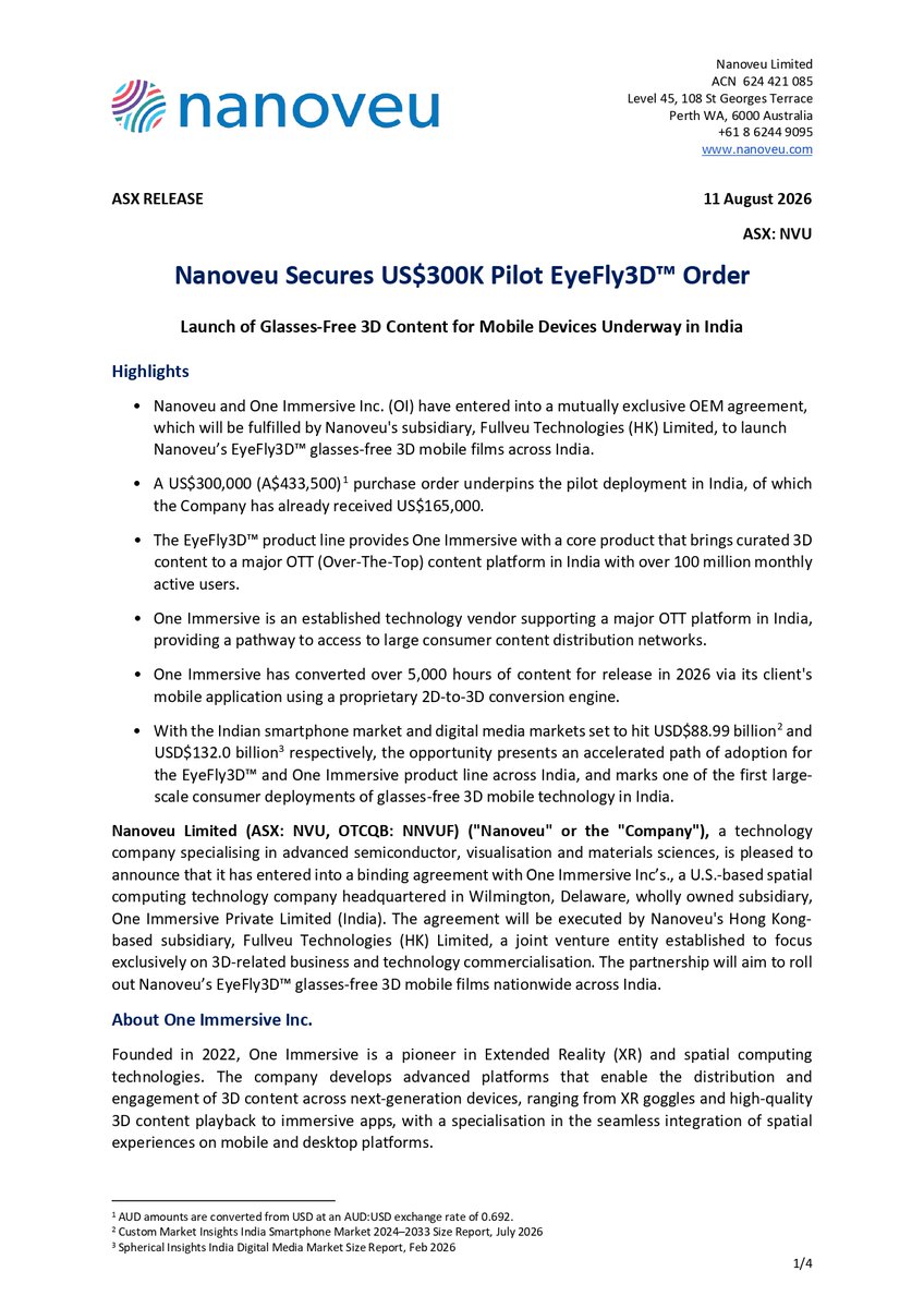 _phoenixglobal's tweet photo. Nanoveu (ASX: $NVU) Secures US$300K Pilot EyeFly3D Order for Glasses-Free 3D Mobile Content in India

Key Highlights
• US$300K pilot order secured, with US$165K already received, supporting the initial EyeFly3D deployment in India.
• 100M+ monthly active users, EyeFly3D will bring curated glasses-free 3D content to a major Indian OTT platform.
• 5,000+ hours of content converted by One Immersive for release through its client’s mobile application in 2026.
• Apple & Android rollout planned, with nationwide distribution supporting wider adoption of EyeFly3D technology.
• Large Indian market opportunity, with the smartphone market forecast at US$88.99B and digital media market at US$132B.

@nanoveuofficial 
Link to the Announcement: https://t.co/99MZFSXO75