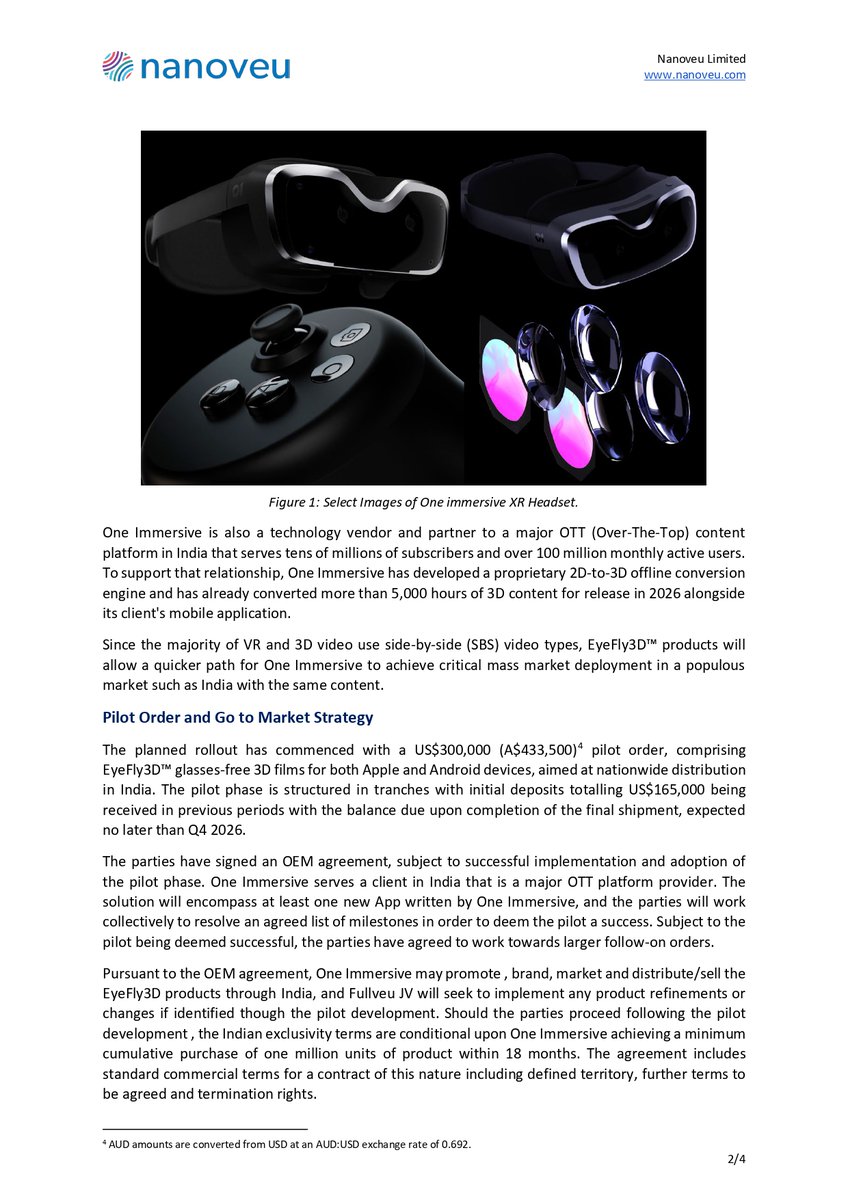 _phoenixglobal's tweet photo. Nanoveu (ASX: $NVU) Secures US$300K Pilot EyeFly3D Order for Glasses-Free 3D Mobile Content in India

Key Highlights
• US$300K pilot order secured, with US$165K already received, supporting the initial EyeFly3D deployment in India.
• 100M+ monthly active users, EyeFly3D will bring curated glasses-free 3D content to a major Indian OTT platform.
• 5,000+ hours of content converted by One Immersive for release through its client’s mobile application in 2026.
• Apple & Android rollout planned, with nationwide distribution supporting wider adoption of EyeFly3D technology.
• Large Indian market opportunity, with the smartphone market forecast at US$88.99B and digital media market at US$132B.

@nanoveuofficial 
Link to the Announcement: https://t.co/99MZFSXO75