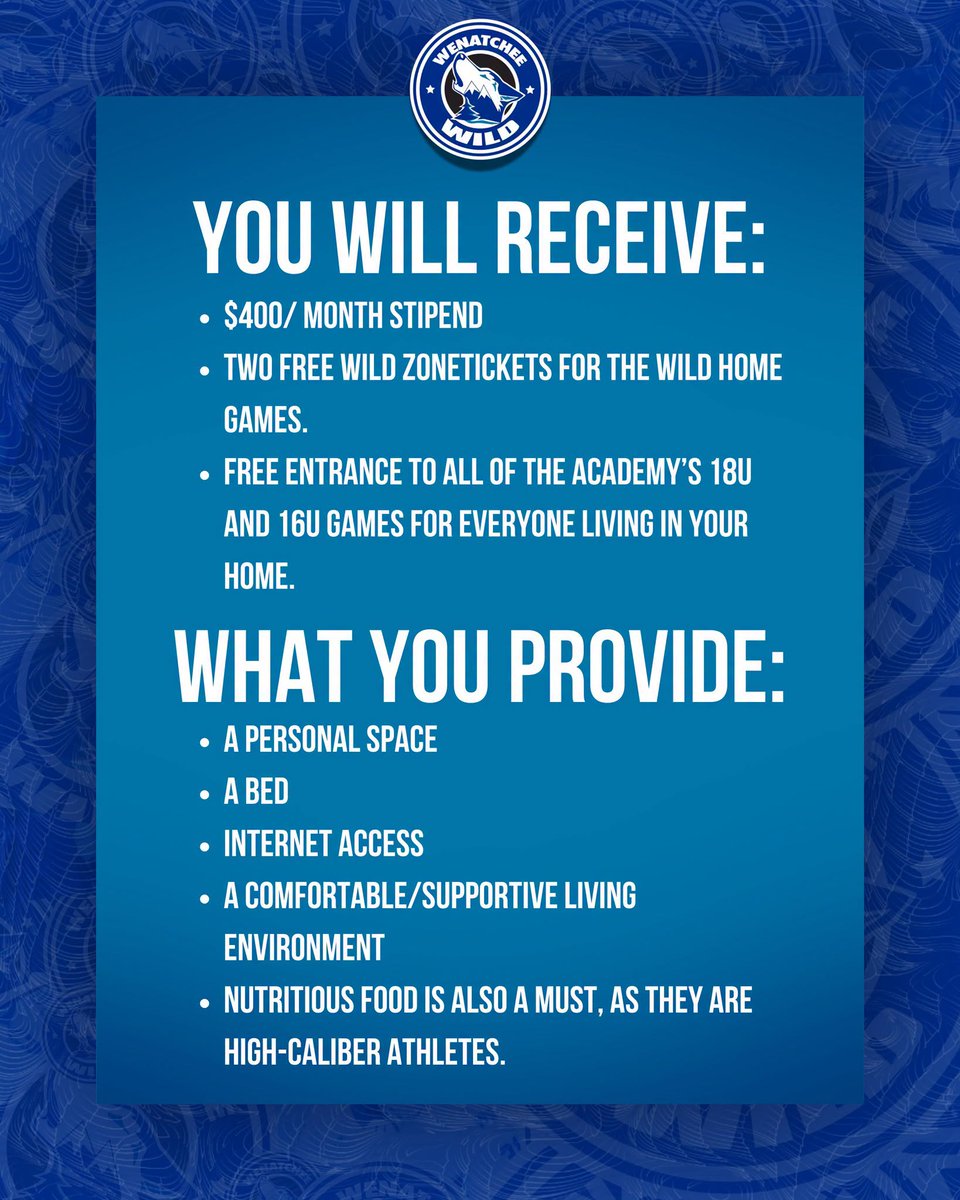 WHLwild_'s tweet photo. Become a billet &amp; become part of the #WildFamily 🏘️ We’re looking for more families to join our billet roster for 2026–27!
Open your home, make an impact &amp; be part of a player’s journey both on and off the ice...reach out today!

📝 https://t.co/07x0hCeBag

#PowerOfThePack https://t.co/TBFVTpqUW5