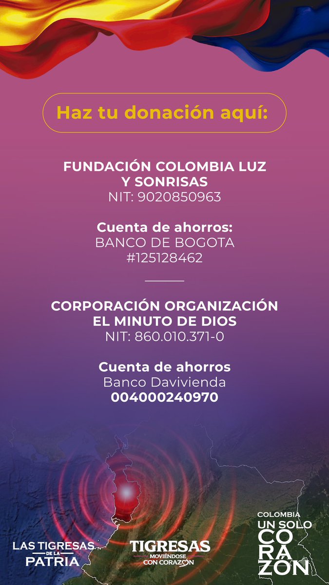 ANIABELLO_R's tweet photo. Nuestras primeras damas Ana Lucía Pineda y Tatiana Céspedes lideran COLOMBIA UN SOLO CORAZÓN ♥️

Acá encontrarán los elementos que se están necesitando para los damnificados y las cuentas bancarias donde pueden consignar.

En hilo encontrarán los puntos de acopio. https://t.co/1VYfyfc3ly