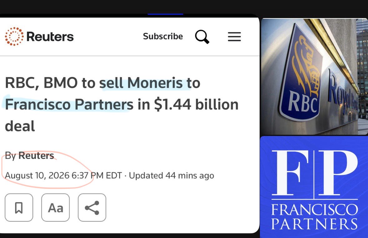 MelissaLMRogers's tweet photo. WOW 🤯 RBC and BMO agree to sell MONERIS to American private equity firm, Francisco Partners 👀

Moneris is/was Canada's leading commerce solutions &amp; payment processing provider 🇨🇦 https://t.co/F5bOi3O7wg