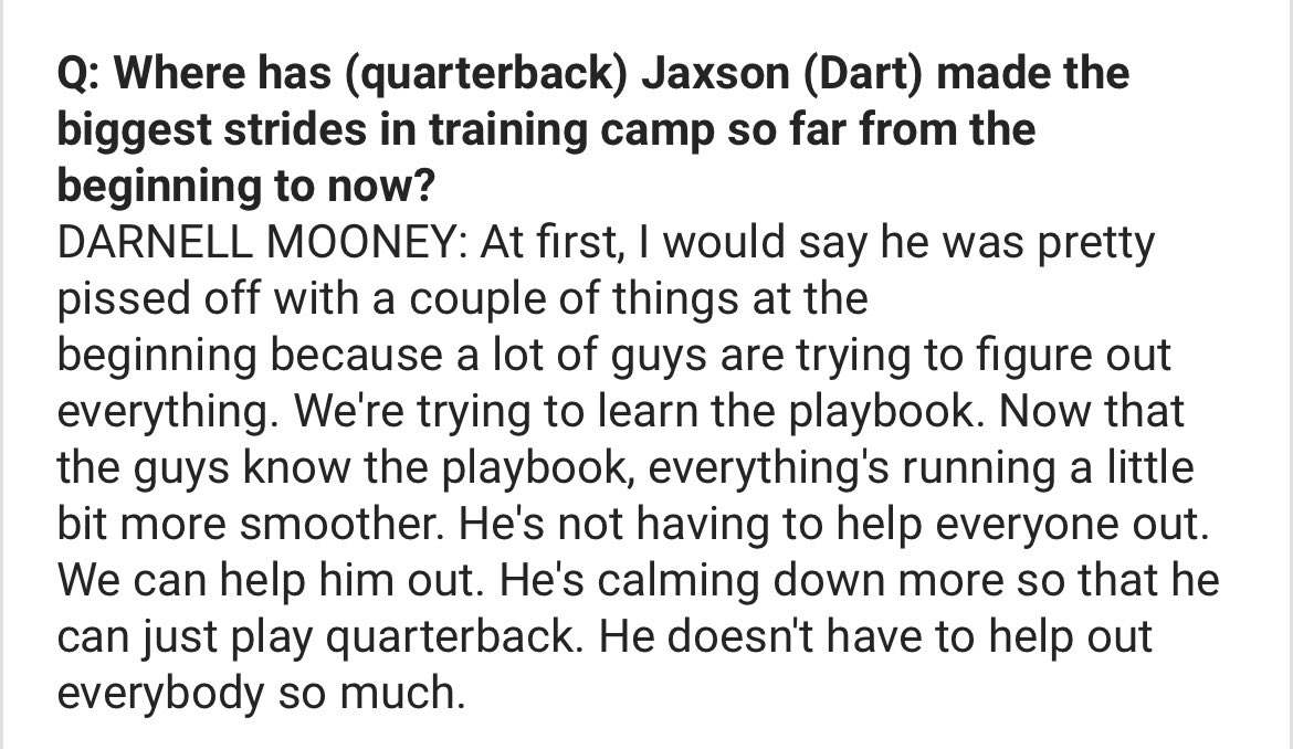 art_stapleton's tweet photo. Interesting answer from Darnell Mooney on Jaxson Dart and might explain uneven play and struggles at times over the course of the first week or so of Giants camp for Dart and the offense in West Virginia.

More on Dart’s plate than just his responsibilities as QB1 in new offense https://t.co/JQsLPjVGXE