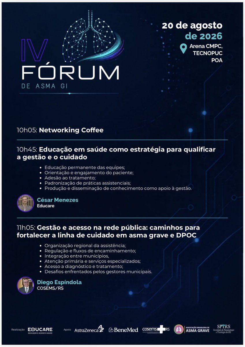 diegoespindolar's tweet photo. IV Fórum de Asma Grave e DPOC

Olá! Tudo bem? 

No dia 20 de agosto, a Educare promove o IV Fórum de Asma Grave e DPOC , um encontro dedicado à atualização científica e à troca de experiências 
📅 20 de agosto
⏰ Das 8h30 às 12h10
📍 Arena CMPC – Tecnopuc | https://t.co/Jzny9ygLJV