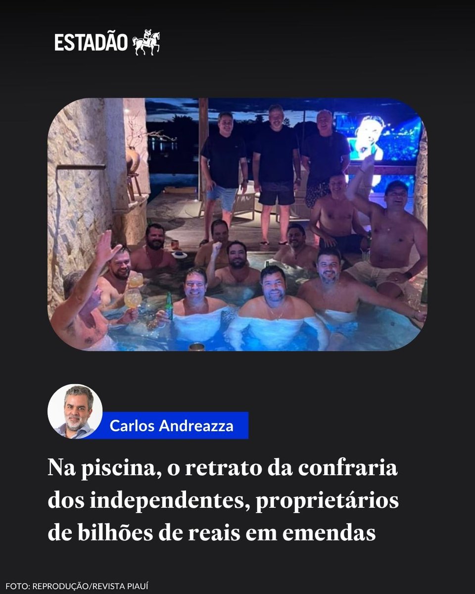 Estadao's tweet photo. OPINIÃO | Carlos Andreazza: "Na piscina, o retrato da confraria dos independentes, proprietários de bilhões de reais em emendas" > https://t.co/TRN6IQXnIM https://t.co/NGnglCYD06