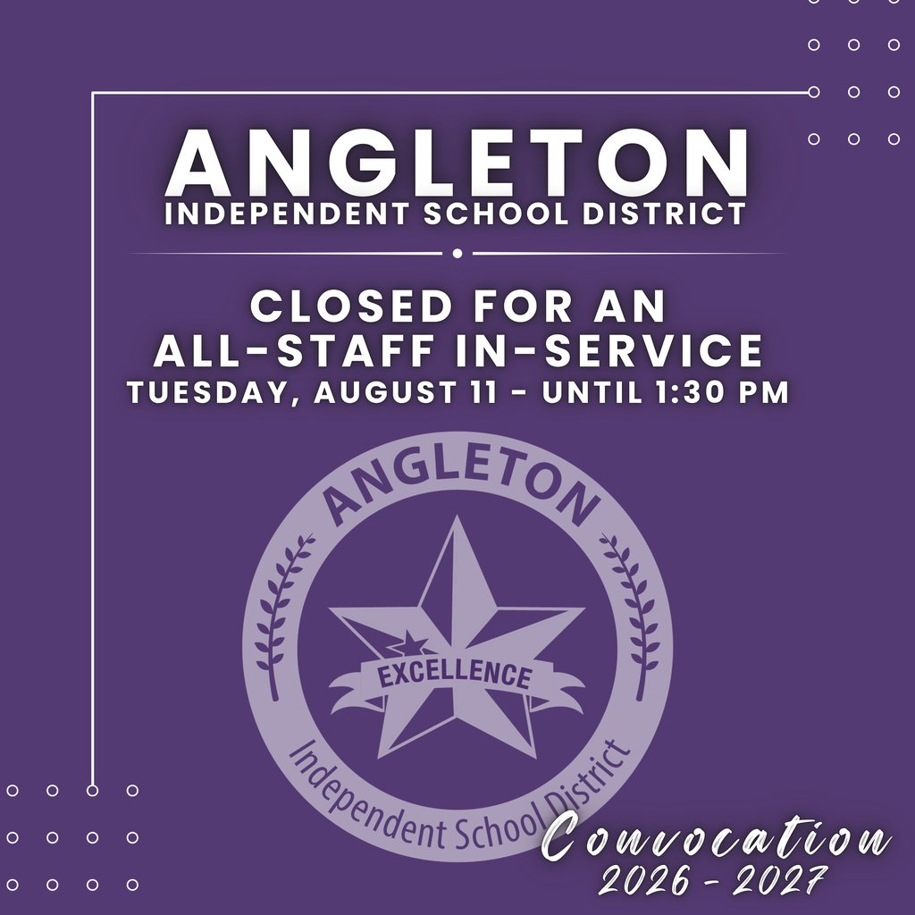 AngletonISD's tweet photo. All Angleton ISD schools and facilities will be closed tomorrow (Tuesday, August 11) until 1:30 p.m. for the district-wide convocation event for all staff. https://t.co/npePgevob2