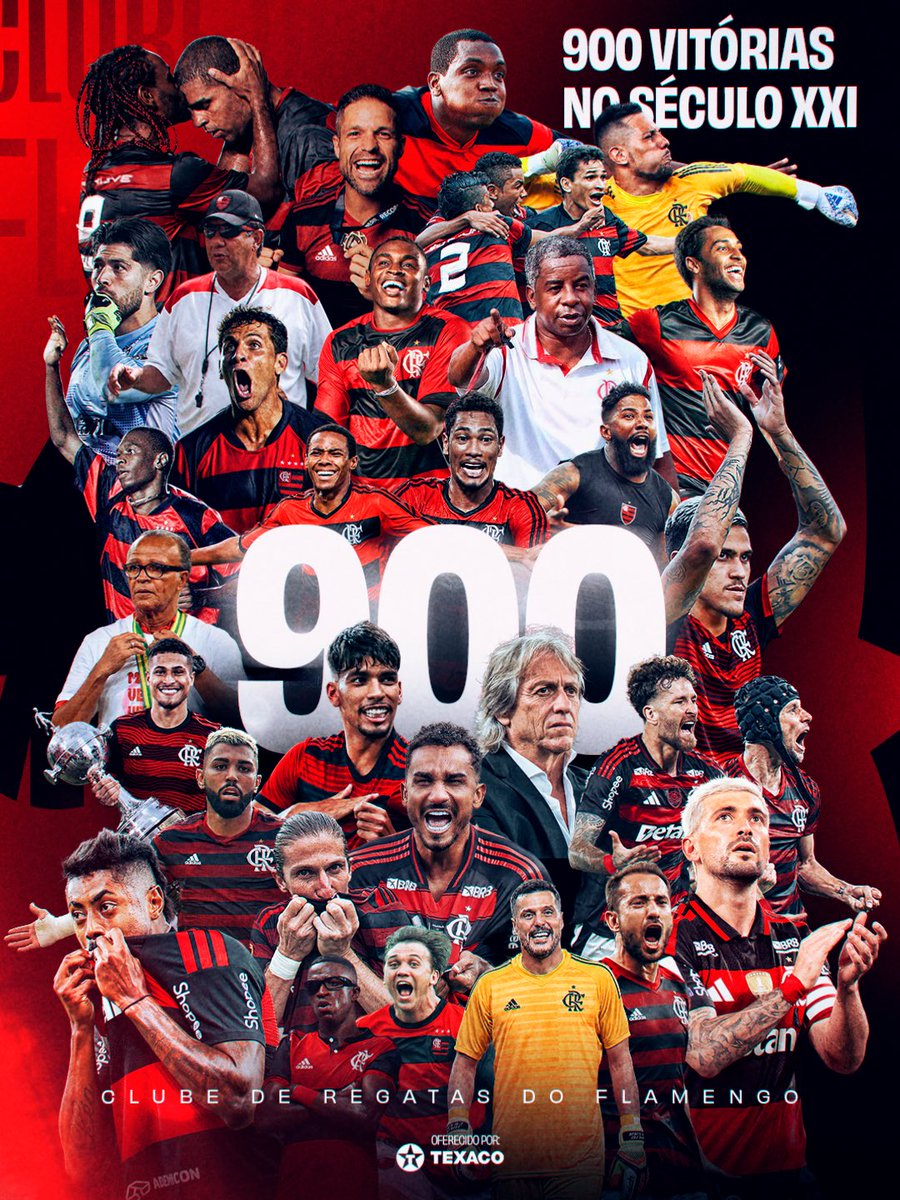 Flamengo's tweet photo. Com o resultado de ontem, o Flamengo se tornou o primeiro clube brasileiro a atingir 9️⃣0️⃣0️⃣ vitórias no século XXI!

Mais um marco histórico para o Mais Querido! 🔴⚫️ https://t.co/E4DQijudTT