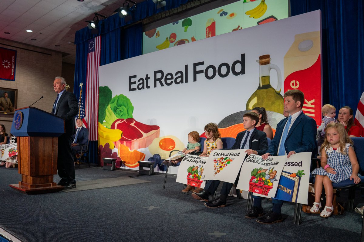 HHSGov's tweet photo. Today @HHSGov held a rally to announce proposed reforms to the “generally recognized as safe” (GRAS) standard. @SecKennedy, @FDA_KyleD, @calleymeans, Dr. Dariush Mozaffarian, @thefoodbabe, and HHS Chief Counselor Chris Klomp led a celebration marking this latest milestone in the MAHA movement to address ultra-processed foods and empower American consumers.