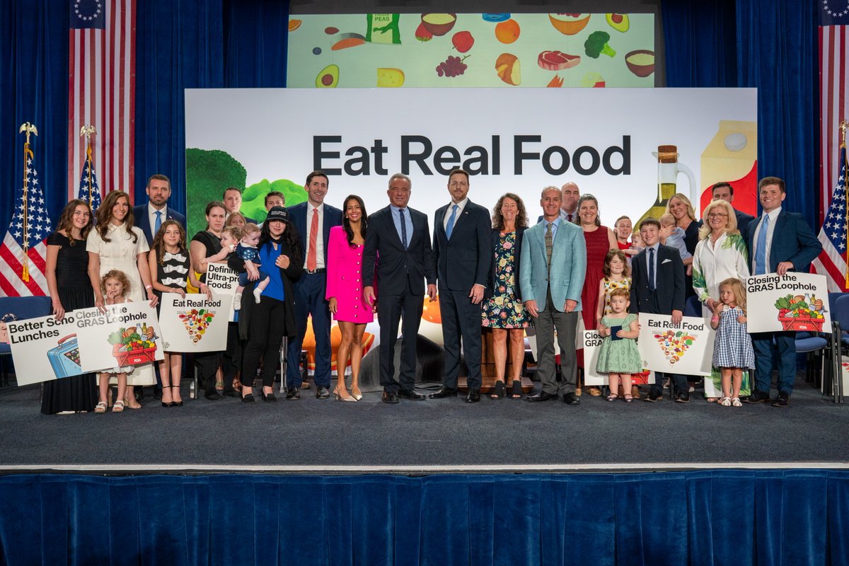 HHSGov's tweet photo. Today @HHSGov held a rally to announce proposed reforms to the “generally recognized as safe” (GRAS) standard. @SecKennedy, @FDA_KyleD, @calleymeans, Dr. Dariush Mozaffarian, @thefoodbabe, and HHS Chief Counselor Chris Klomp led a celebration marking this latest milestone in the MAHA movement to address ultra-processed foods and empower American consumers.