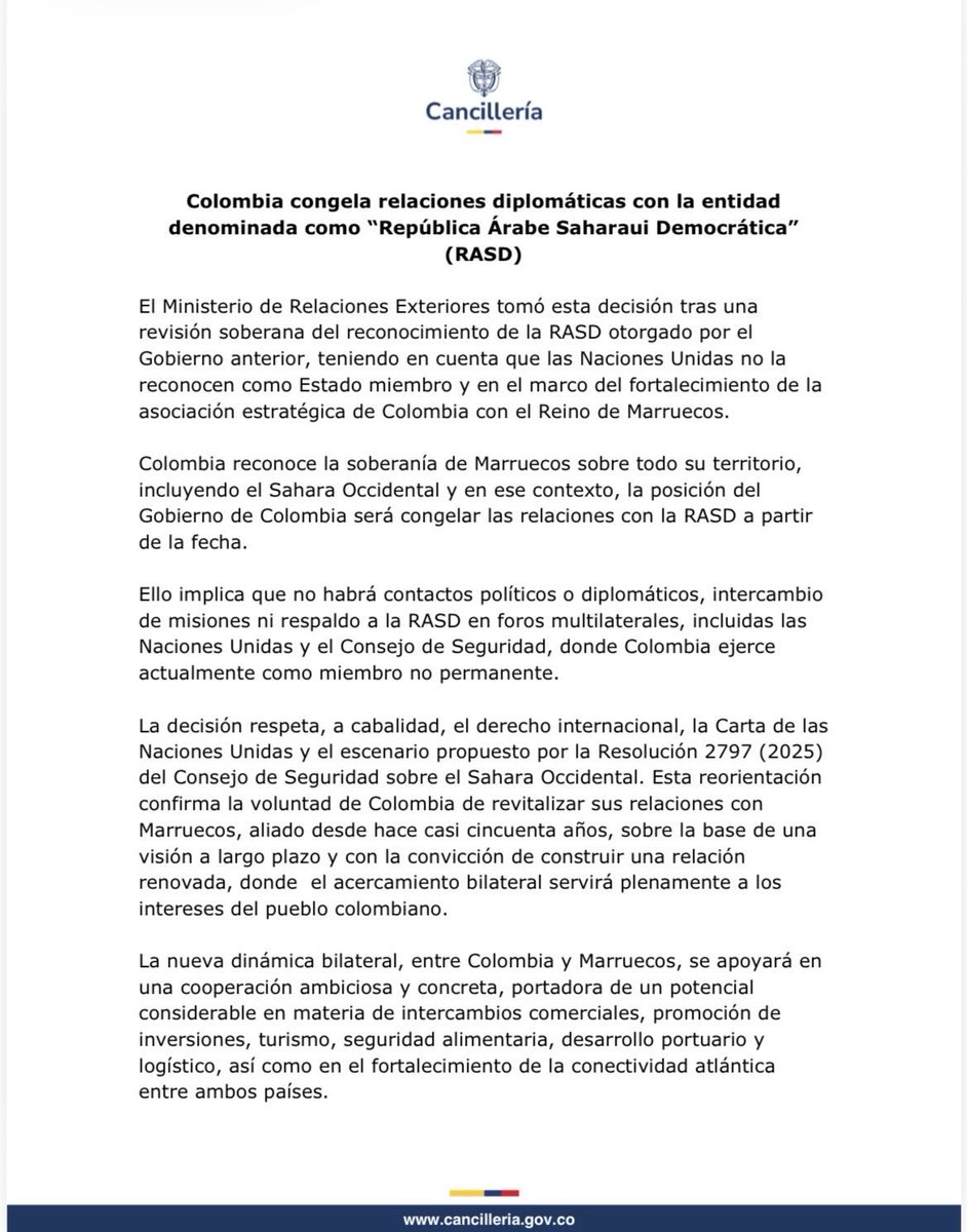 CPLATAM's tweet photo. Dos comunicados de la Cancillería de #Colombia este lunes 10 de agosto en relación con #soberanía de #Marruecos en #SaharaOccidental e #Israel en #AltosDelGolán que marcan un cambio ostensible con la llegada del nuevo gobierno #AbelardoDeLaEspriella y su política exterior. https://t.co/94CaLfTQ4e