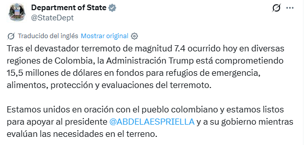 nacholozano's tweet photo. El Gobierno de #EUA informó que destinará a #Colombia 15.5 millones de dólares en fondos para #refugios de emergencia, alimentos, protección y evaluaciones del #terremoto.
“Estamos unidos en oración con el pueblo colombiano y estamos listos para apoyar al presidente Abelardo de la Espirella y a su gobierno mientras evalúan las necesidades en el terreno”, informó el Departamento de Estado en su cuenta de X: