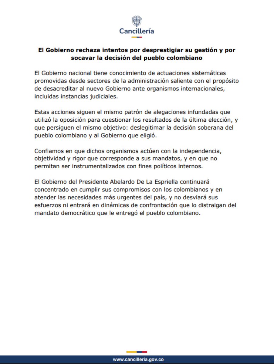 AlertaNews24's tweet photo. 🇨🇴 | El Gobierno colombiano lanza comunicado en el cual señala que rechaza intentos por desprestigiar su gestión y por socavar la decisión del pueblo colombiano. https://t.co/5ufOJr6uxy