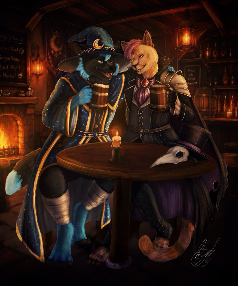 SorenWolfpaw's tweet photo. Forgot to post it when I recieved this. 
Myself and @Kudaketa_ having a couple of pints together at the local tavern. 
Credits goes to (Desi

 @unibou.bsky.social over on BlueSky. https://t.co/LMc5jnvgha