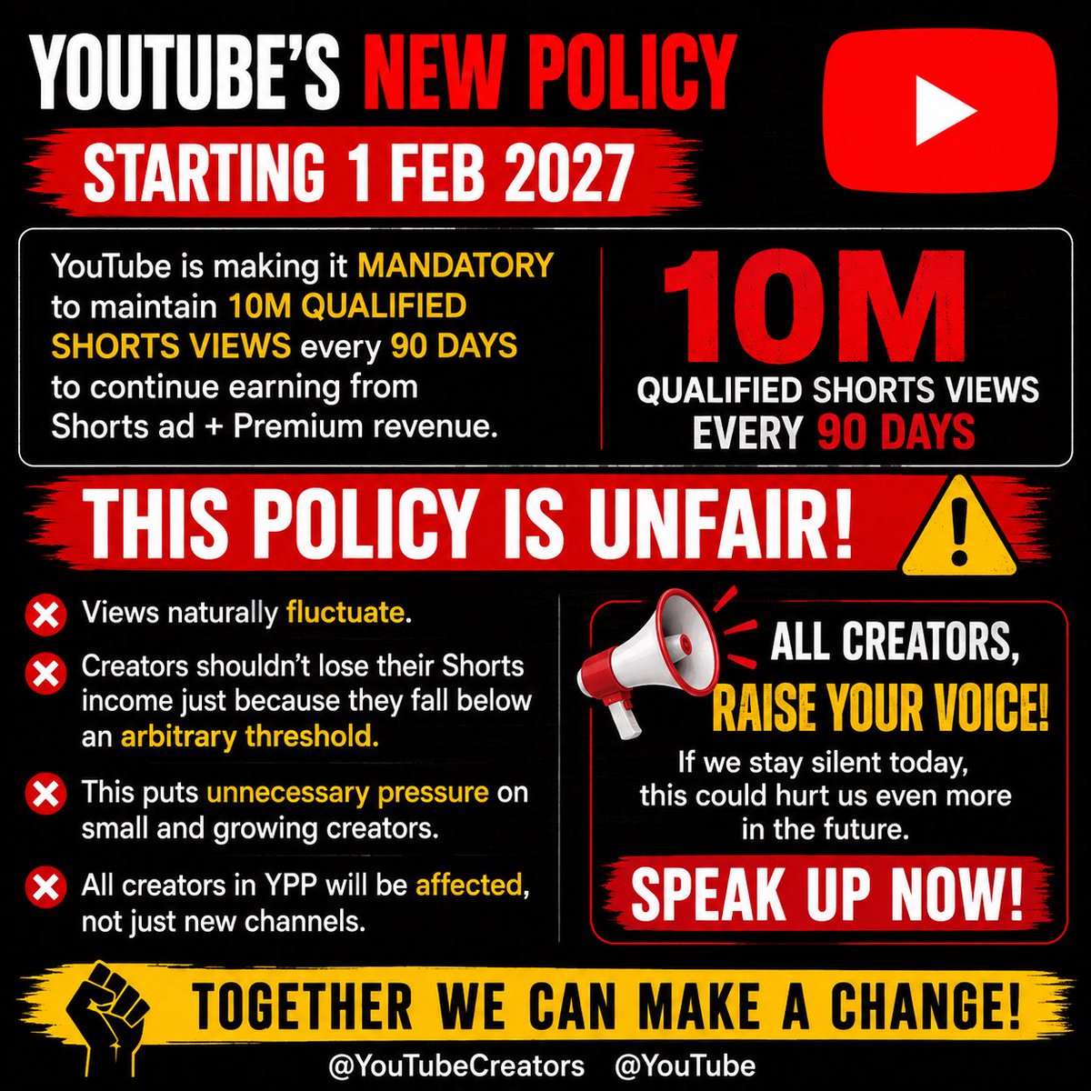 gamelovers2002's tweet photo. All creators, raise your voice against YouTube’s 10M Shorts views/90 days rule. Views fluctuate, and losing Shorts revenue over an arbitrary threshold is unfair. Stay silent today, suffer tomorrow. 📢  ( Re-Tweet) @YouTubeCreators @YouTube https://t.co/JBEoZYMRD7