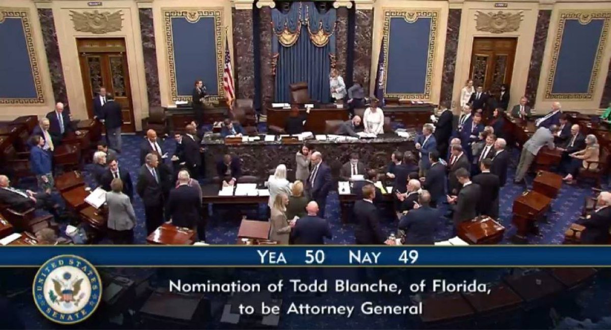 EmekaGift100's tweet photo. #BREAKING | 🇺🇸  U.S. Senate confirms Todd Blanche as Attorney General (50-49) https://t.co/PgK1cm1Mpm