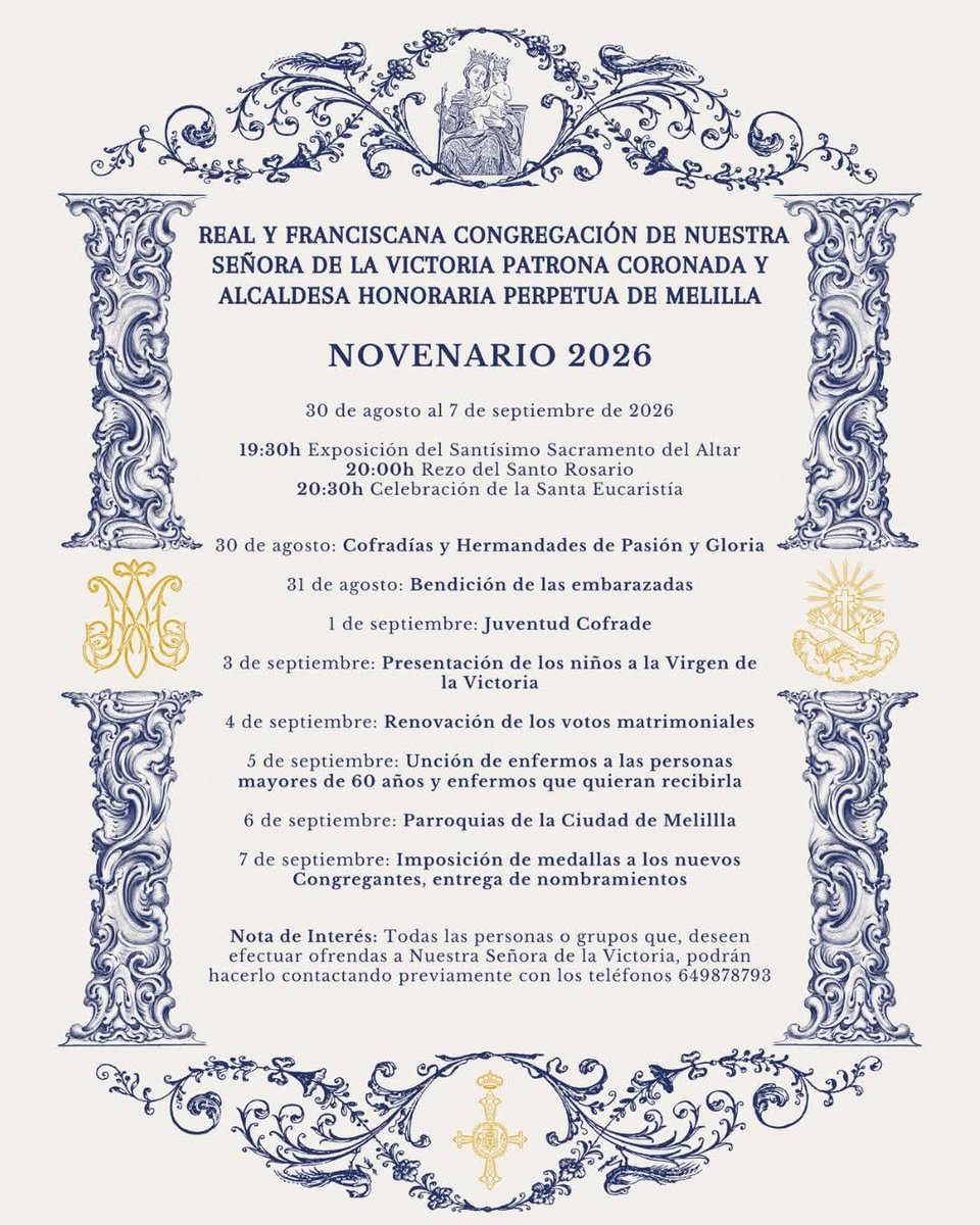 PatronasMalaga's tweet photo. Convocatoria de cultos en honor a Nuestra Señora de la Victoria Coronada, patrona de Melilla, con motivo de su festividad. #VictoriaDeMelilla https://t.co/TlponpIyCY