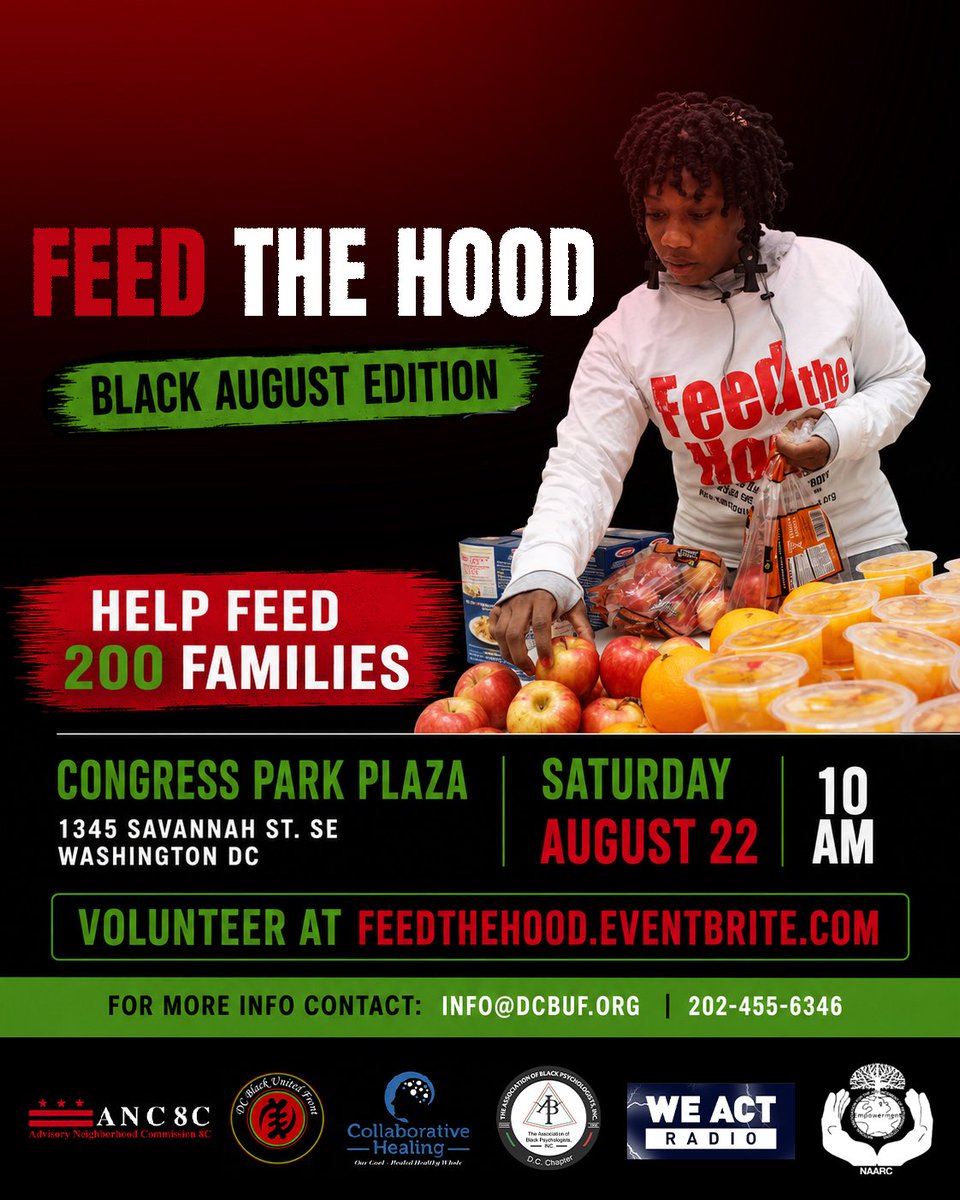 salimadofo's tweet photo. ✊🏿 OUR COMMUNITY TAKES CARE OF EACH OTHER!

This Black August, we’re putting love into action.

On Saturday, August 22, neighbors and volunteers will come together to provide food and important supplies to 200 families in Congress Park.

The Black Panther Party showed us the power of people working together to meet the needs of their community. We continue that spirit by showing up, helping one another, and making our neighborhood stronger.

📅 Saturday, August 22, 2026
⏰ 10:00 AM
📍 1345 Savannah St. SE, Washington, DC

🙌🏿 We need volunteers! Bring your helping hands and a caring heart. Every person can make a difference.

✊🏿 When we work together, we can take care of our community and build a better future.

Volunteer: https://t.co/br1o4Qrq9n

#FeedTheHood #BlackAugust #WeAreWard8 #Ward8Strong 

cc:  @bleudolphins @naarccts @DCBUF @ANC8C @DCABPsi @WeActRadio @guerillartist @theluvlounge @TheABPsi