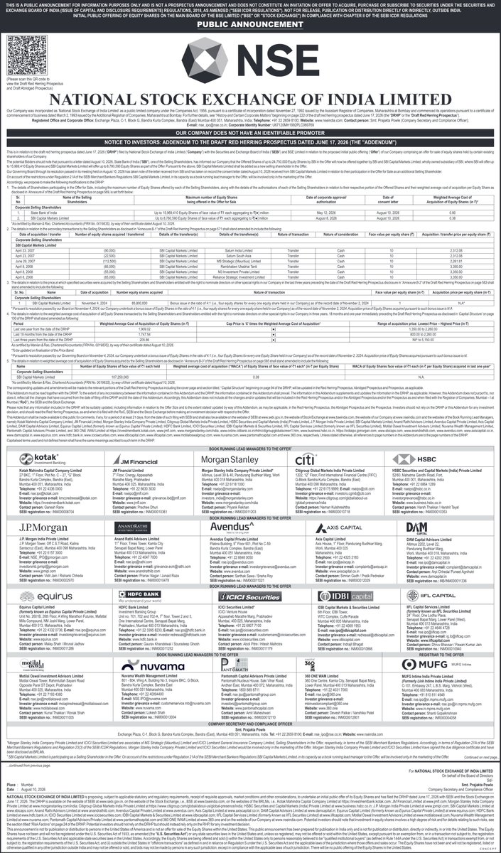 mehul_bumtaria's tweet photo. π¨ NSE IPO UPDATE! π¨
Earlier SBI was set to sell the entire 24.75M shares.
Now, the OFS is split between two sellers:
πΉ SBI: 15,969,410 shares
πΉ SBI Capital Markets: 8,780,590 shares
π The total OFS remains unchanged
@NSEIndia
#NSE #NSEIPO #IPO #SBI https://t.co/mok7jV7iQS