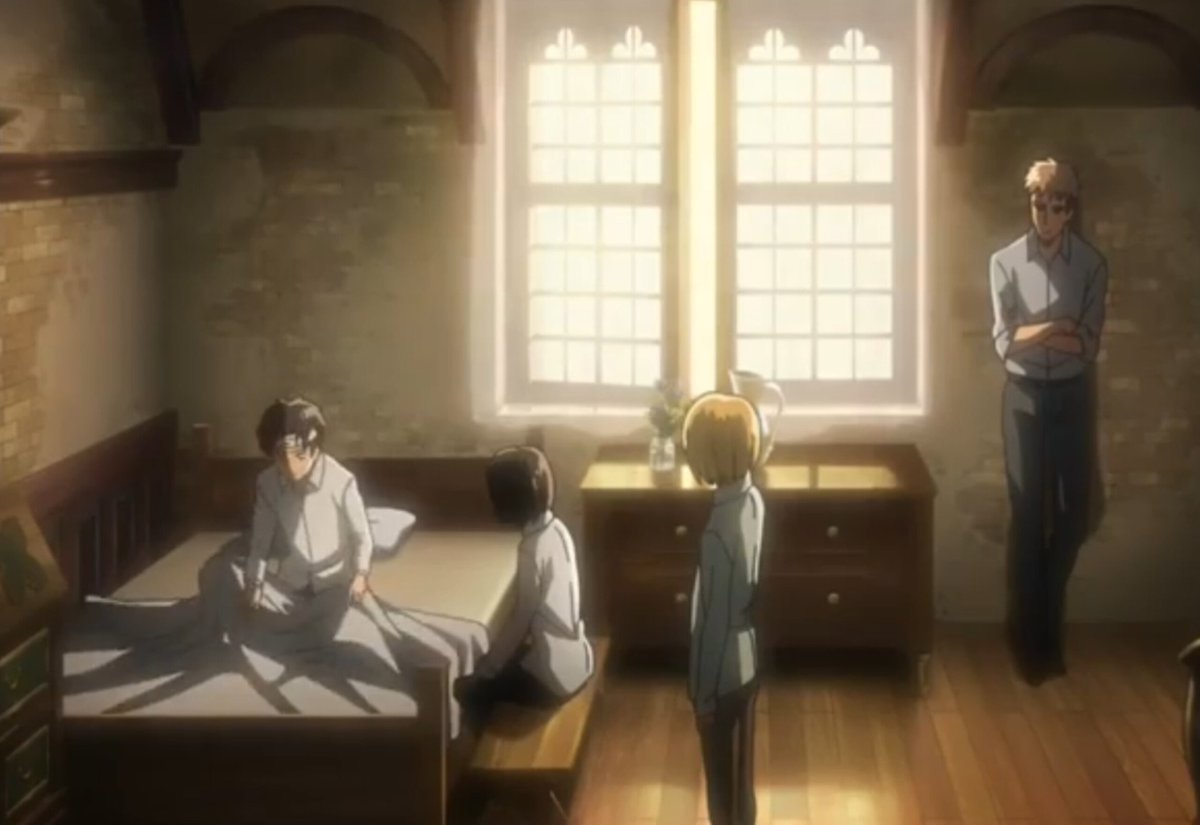 mikasweetdeer's tweet photo. I don't understand why Wit Studio changed this scene and deleted some shots, It was a lovely scene the way Armin was sitting on Eren's bed and Jean was patting Armin's hair Mikasa was telling Jean to be quiet (a true queen!)She moved her chair closer to Eren's bed after they left https://t.co/Df5eNewawi