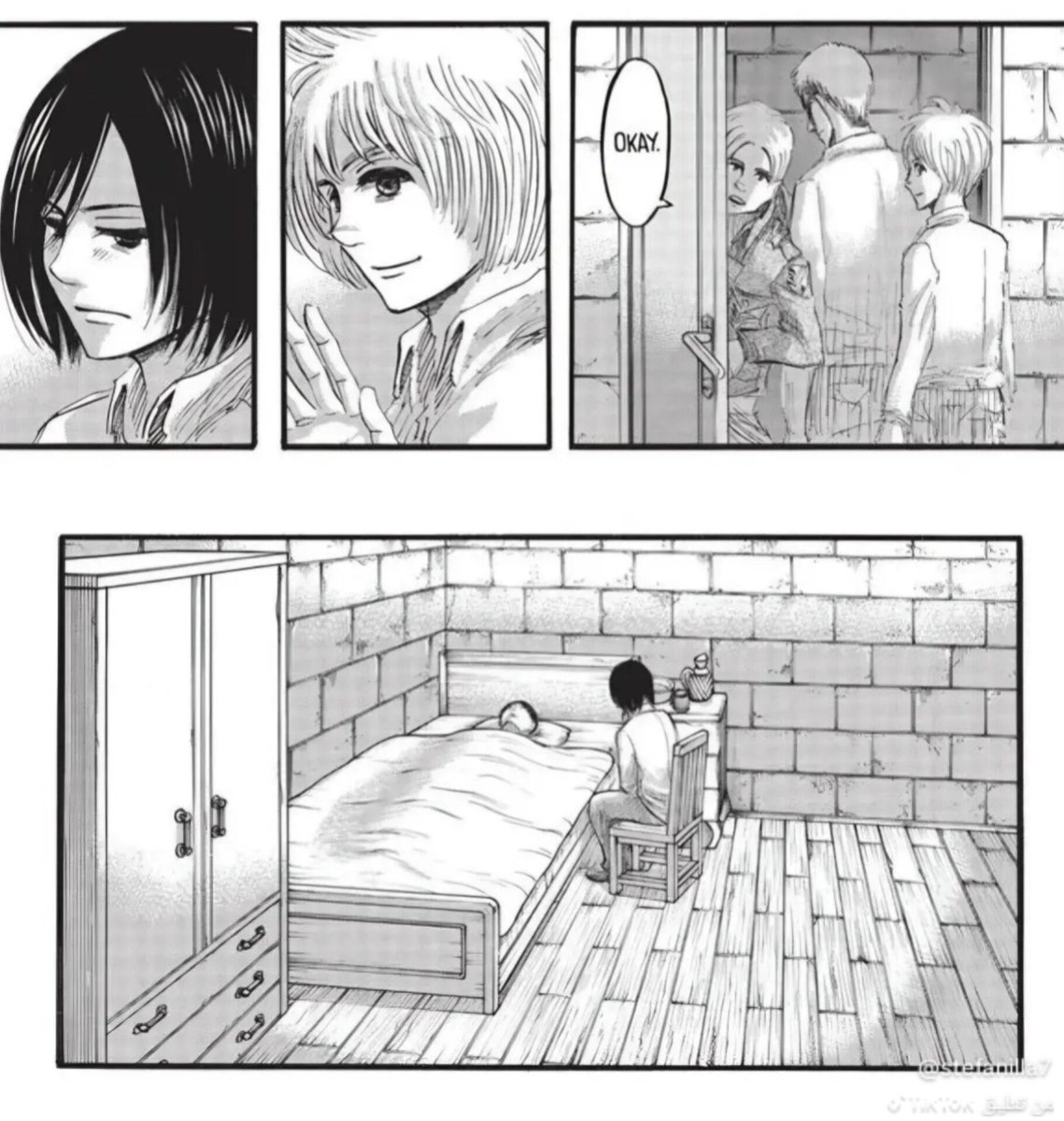 mikasweetdeer's tweet photo. I don't understand why Wit Studio changed this scene and deleted some shots, It was a lovely scene the way Armin was sitting on Eren's bed and Jean was patting Armin's hair Mikasa was telling Jean to be quiet (a true queen!)She moved her chair closer to Eren's bed after they left https://t.co/Df5eNewawi