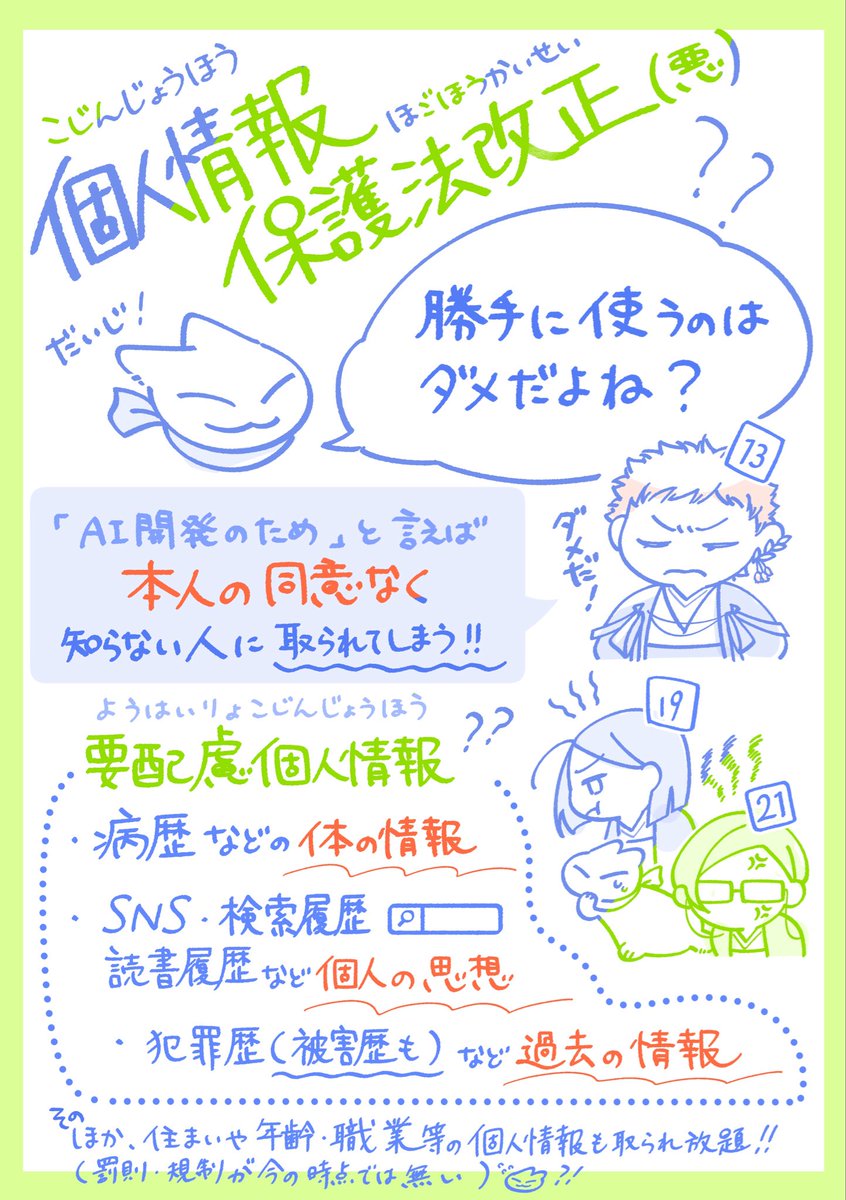 hoshizora6262's tweet photo. 改悪を改正と呼ぶのも悪質です
白紙撤回へ！
#個人情報保護法改悪反対 
#違憲立法許さない 
きみちぎ派生条文さん(19条さん・21条さん)お借りしました https://t.co/rJtfG06OfA