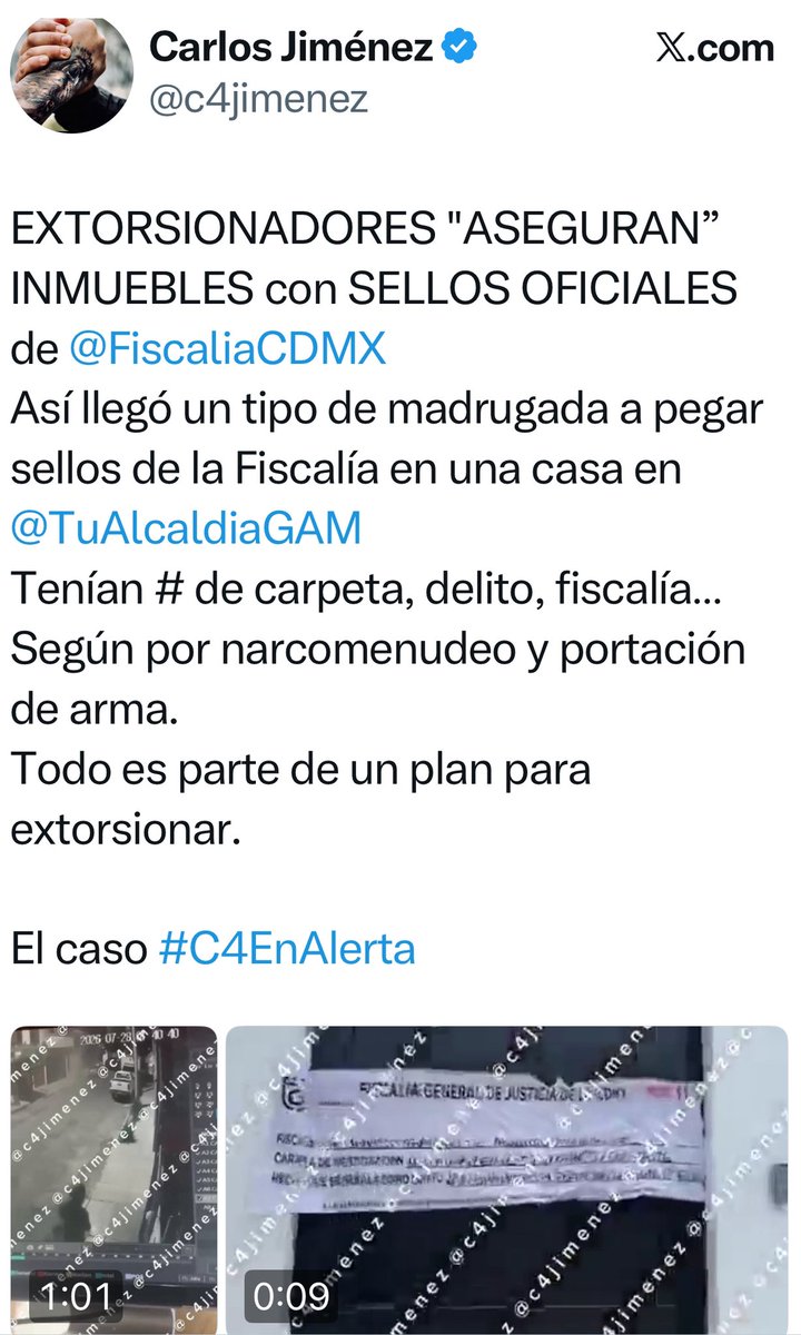 c4jimenez's tweet photo. CUIDADO: AGENTES MAÑOSOS!
La @PDI_FGJCDMX indaga a los agentes Favio Leguizamon y Marco Jiménez.
Con una falsa orden intentaron detener a un hombre q, días antes, encontró una de sus casas “asegurada” con falsos sellos de la @FiscaliaCDMX 
Cuando @SSC_CDMX llegó a ver q pasaba, dijeron q “se equivocaron”.

El caso #C4EnAlerta