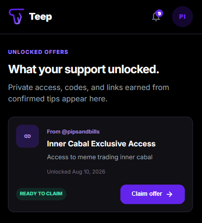 pipsandbills's tweet photo. if you have tipped me cumulatively over $5+ through @teepxyz's teepagent 

check your dashboard, 

you might have unlocked access to my private meme trading cabal https://t.co/6UXXhPVPju