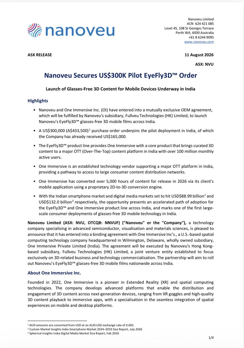 Stocksurfer_asx's tweet photo. $NVU 🔥🔥🔥

#Nanoveu secures US$300K pilot order for #EyeFly3D glasses free 3D mobile films.

Exclusive OEM deal with One Immersive to roll out curated 3D content on a major Indian OTT platform m. US$165K already received.

Massive upside in India’s $89B smartphone + $132B digital media markets.

One of the first large scale glasses free 3D mobile deployments in India.